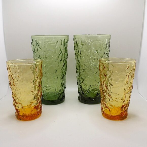 Set of 4 Crinkle Glassware Tumblers, Green and Honey - Picture 1 of 8